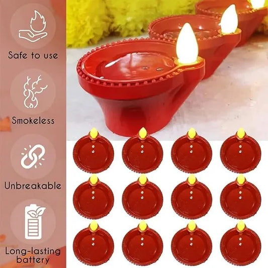 Water Sensor LED Light Diya, Flameless & Smokeless Warm Ambient Eco-Friendly LED Diya Light Candles for Diwali, New Year, Home, Temple Decoration (12, Classic)